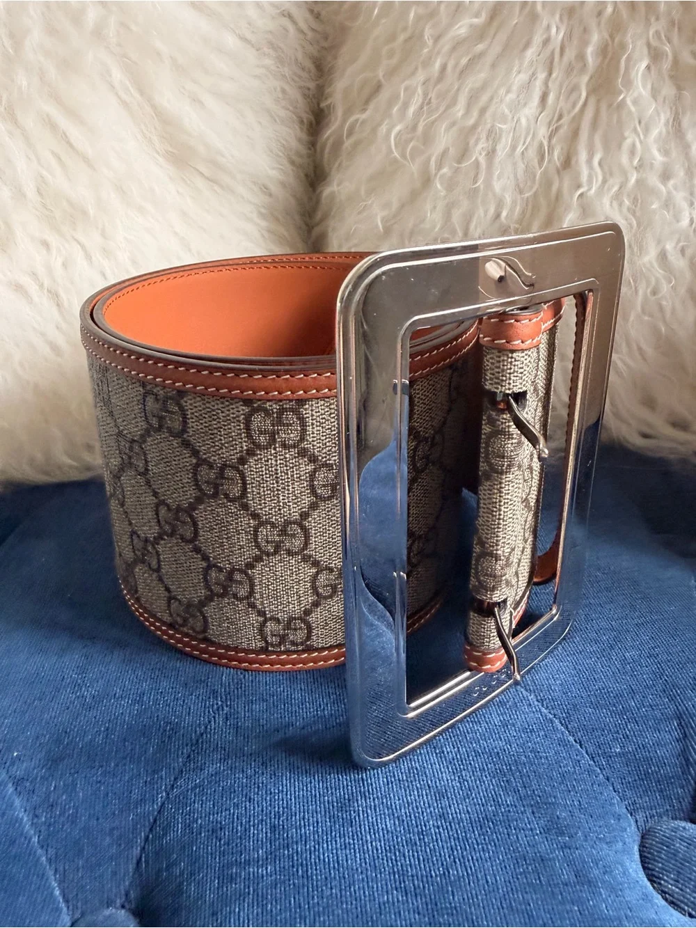 Gucci Beige/Brown GG Canvas Belt with Orange Trim